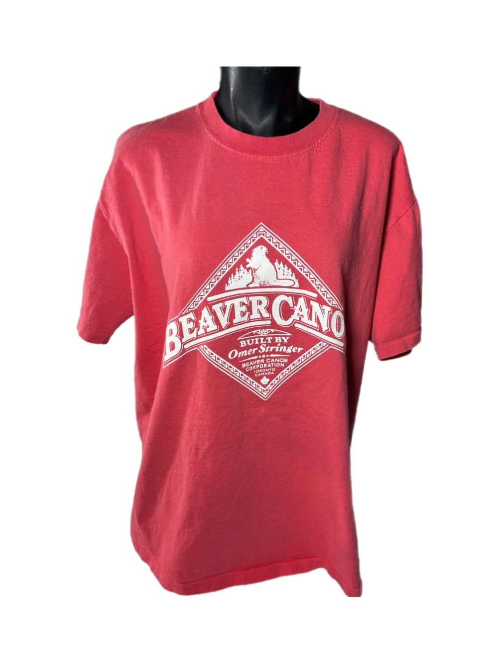 Vintage Beaver Canoe "Omer Stringer" Graphic T-Shirt – Salmon Red – Size Medium